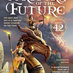 Fantasy magazine cover featuring a warrior and a dragon with a futuristic theme.