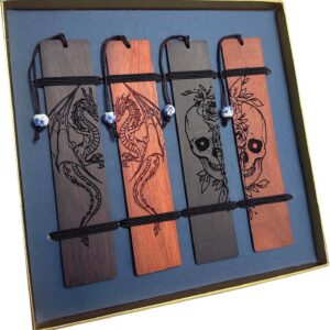Four engraved wooden bookmarks in presentation box
