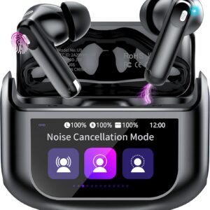 Wireless earbuds in case displaying noise cancellation