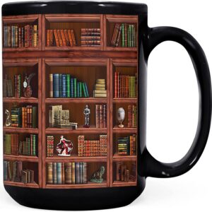 Black mug with bookshelf print and figurines