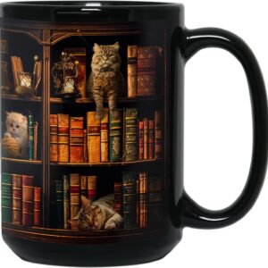 Black mug featuring bookshelf with three cats